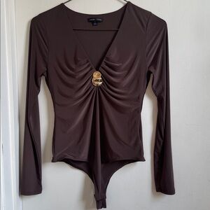 Brown Long Sleeve Bodysuit with Gold Accent